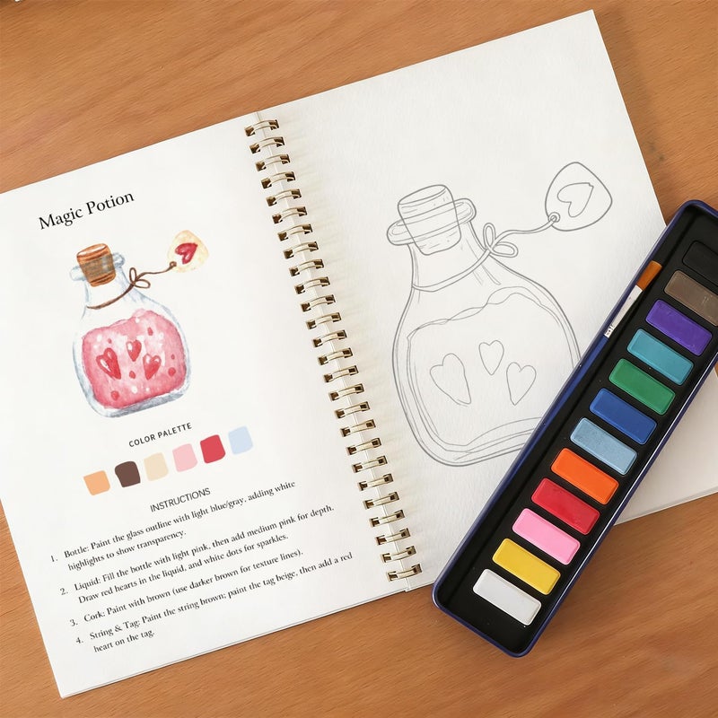 DPWCVM Beginner Watercolor Painting Kit Watercolor Workbook Coloring Book 12 Colors Paint Set with Brush, DIY Valentine's Day Cards Easily Master Beginner Friendly Watercolor Paint Set Valentine's Day Gifts for Adults Teens. (Valentine's Day) - Image 4